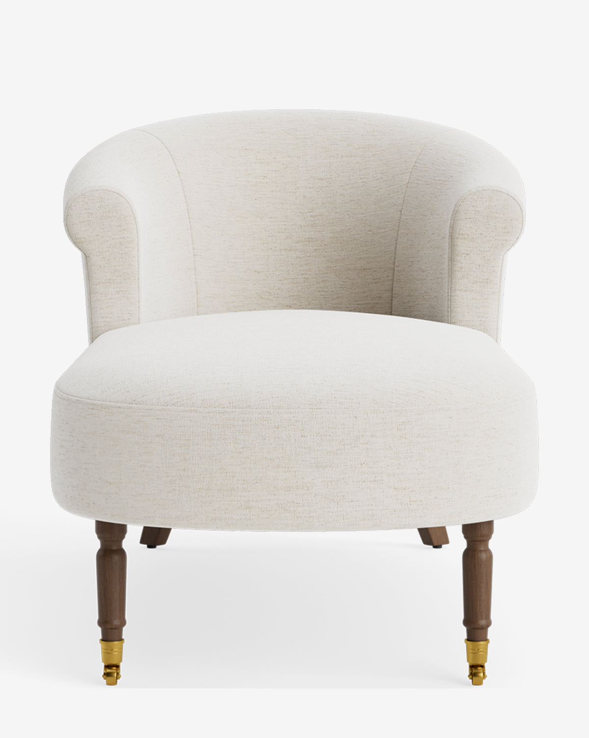 Front view of the Clemence Chaise, a modern upholstered accent chair with a curved backrest and armrests in beige fabric, featuring four wooden legs with brass casters—an ideal choice for customizable furniture, by McGee & Co.