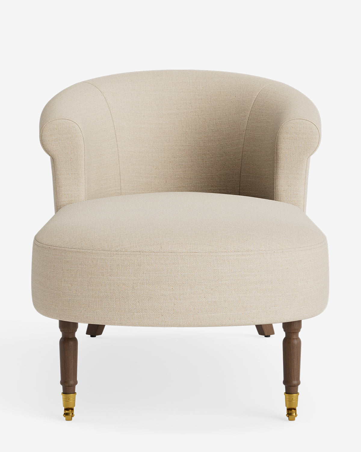 The Clemence Chaise features a beige upholstered design with a curved backrest, rounded arms, and wooden legs with brass caster wheels, capturing classic lounge style from the front against a white background by McGee & Co.