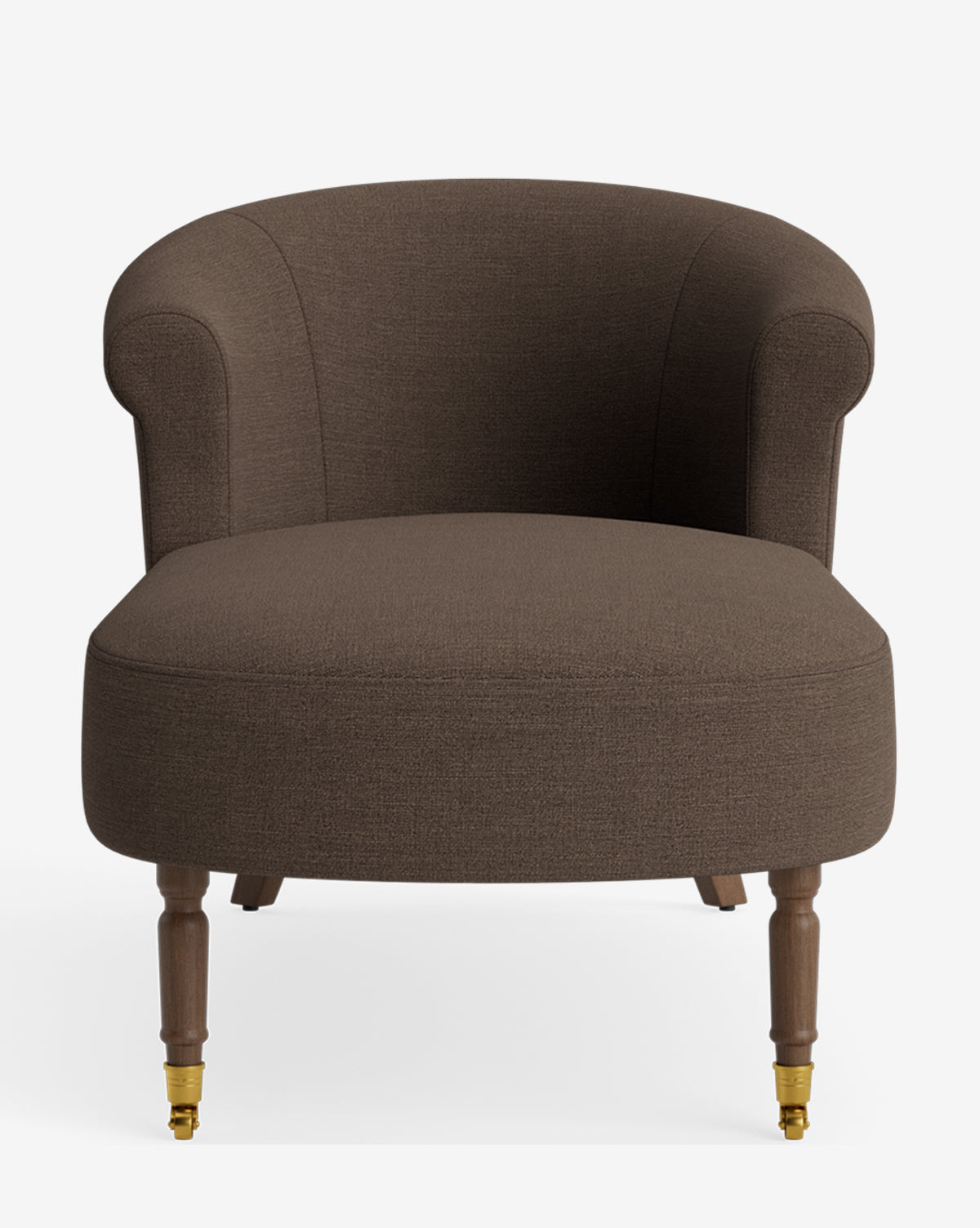 The Clemence Chaise, featuring brown upholstery, a curved backrest, rounded arms, wooden legs, and brass castor wheels on the front legs, exudes timeless elegance against a white background by McGee & Co.