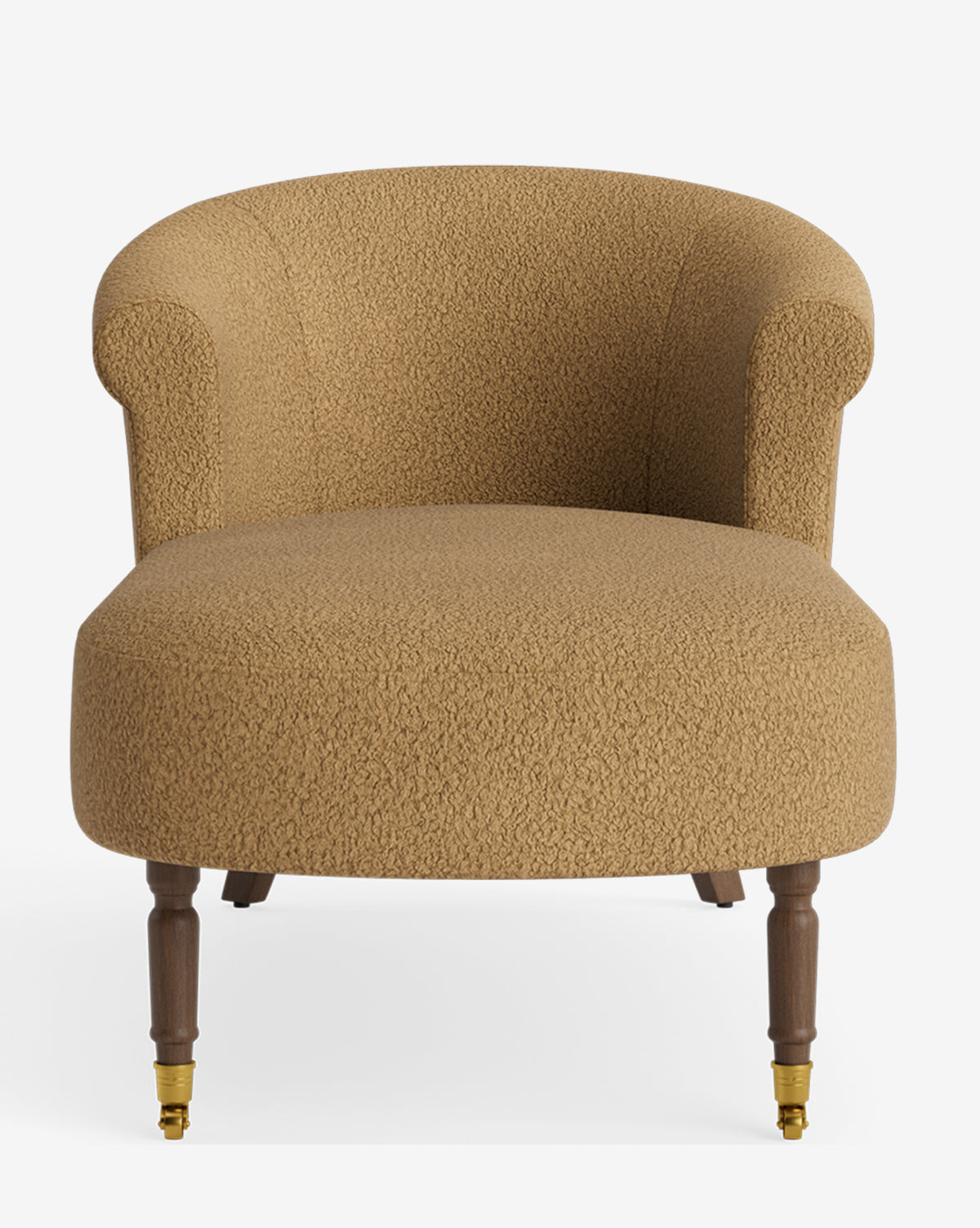 The Clemence Chaise features brown upholstery, a curved backrest, rounded arms, wooden legs, and front brass casters—capturing the timeless charm of a classic chaise lounge, by McGee & Co. Photographed against a white background by McGee & Co.