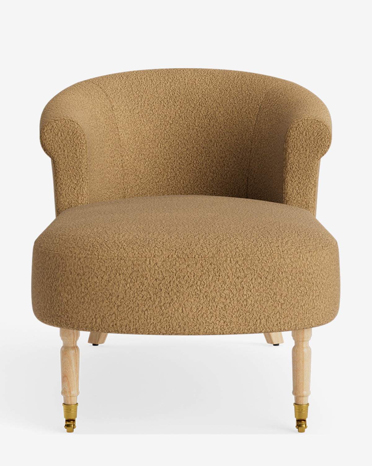 The Clemence Chaise features a rounded, upholstered design in light brown textured fabric, curved arms, and light wooden legs—two front legs with small metal casters—perfect for customizable furniture collections, by McGee & Co.