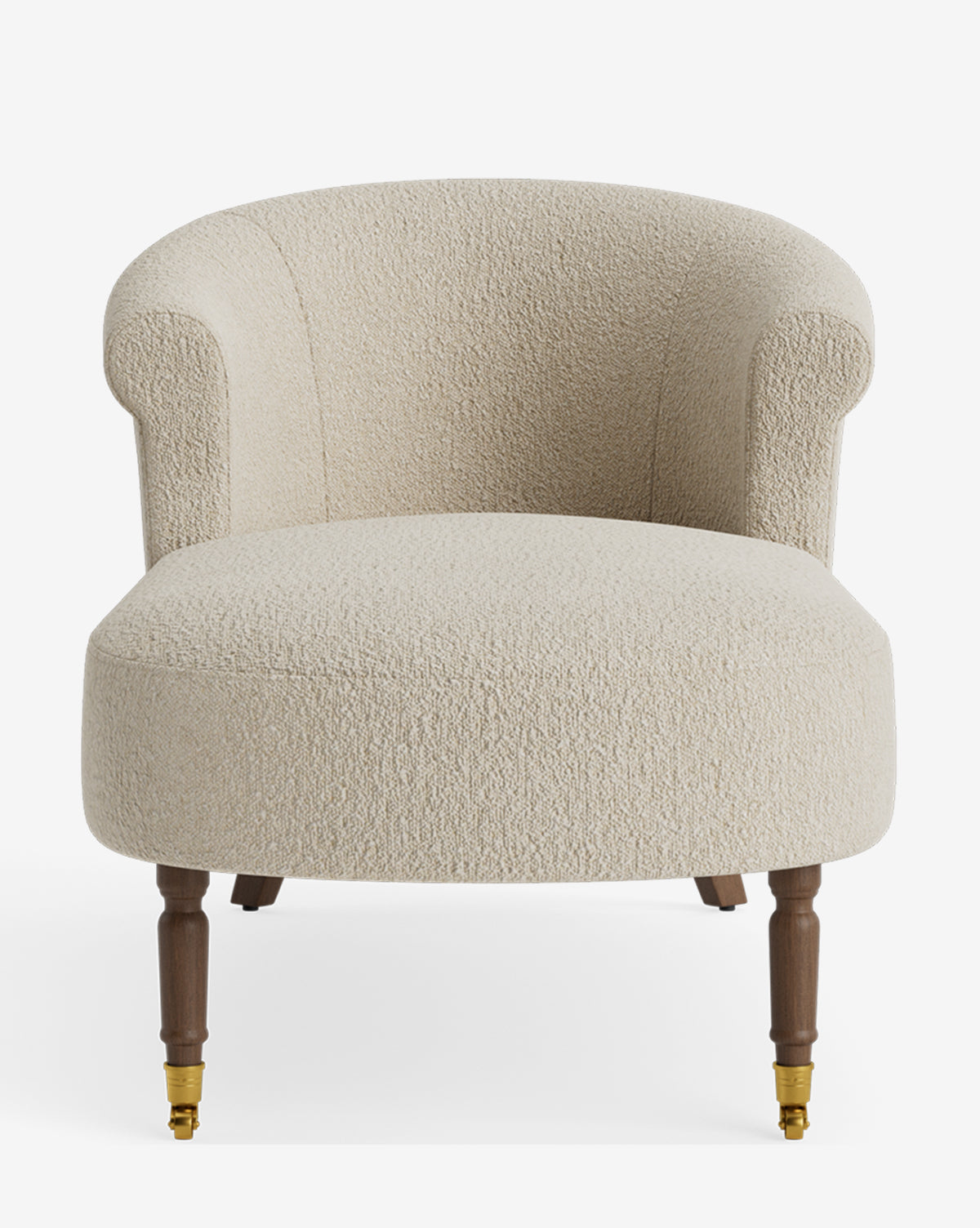 The Clemence Chaise is a cream boucle armchair with a curved back, wooden legs (two with brass castors), and offers the timeless elegance of customizable furniture, by McGee & Co.