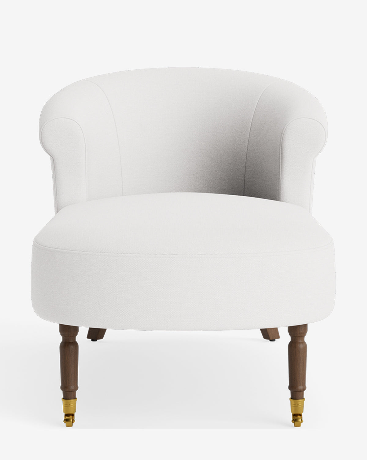 The Clemence Chaise features a white upholstered design with a rounded back, short wooden legs, and brass front casters—combining classic elegance with customizable options for your space, by McGee & Co.
