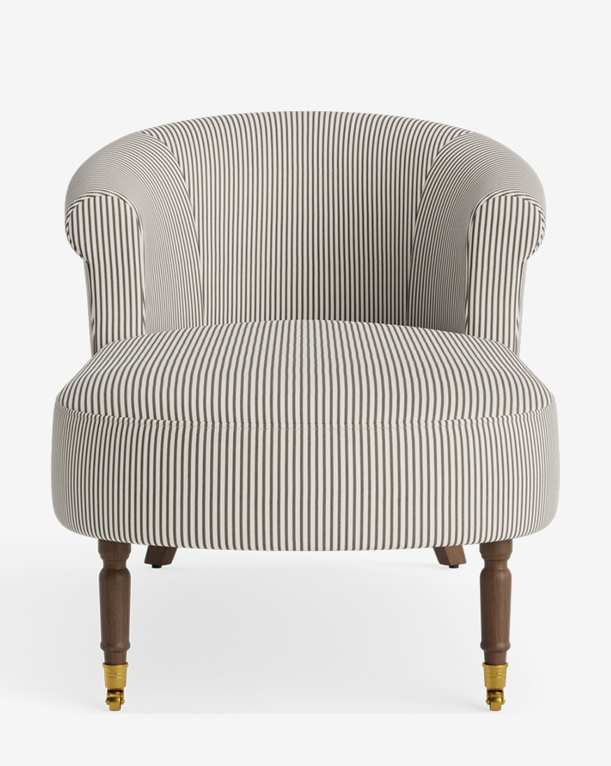 Front view of the Clemence Chaise, an upholstered armchair featuring beige and black vertical stripes, a rounded backrest, four wooden legs with front brass casters—highlighting customizable options, by McGee & Co.