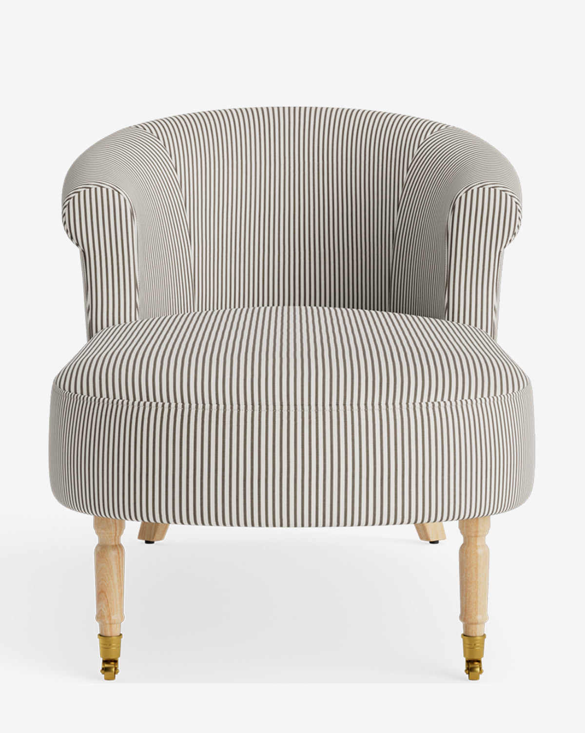 The Clemence Chaise features classic elegance with black and white vertical stripes, a rounded backrest, and light wooden legs with brass caster wheels—an ideal customizable piece for any stylish space, by McGee & Co.