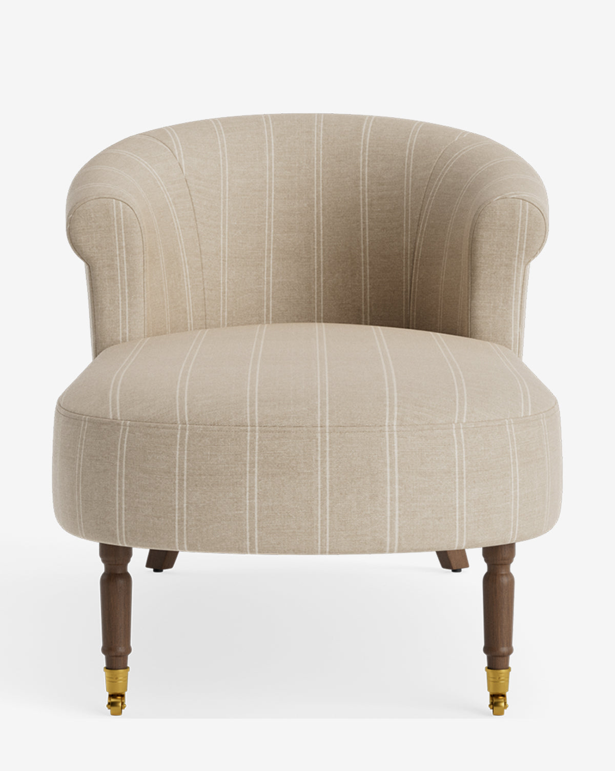Beige upholstered armchair with curved backrest, subtle white vertical stripes, wooden legs, and brass front casters—pairs beautifully with the Clemence Chaise for a customizable furniture arrangement, by McGee & Co.