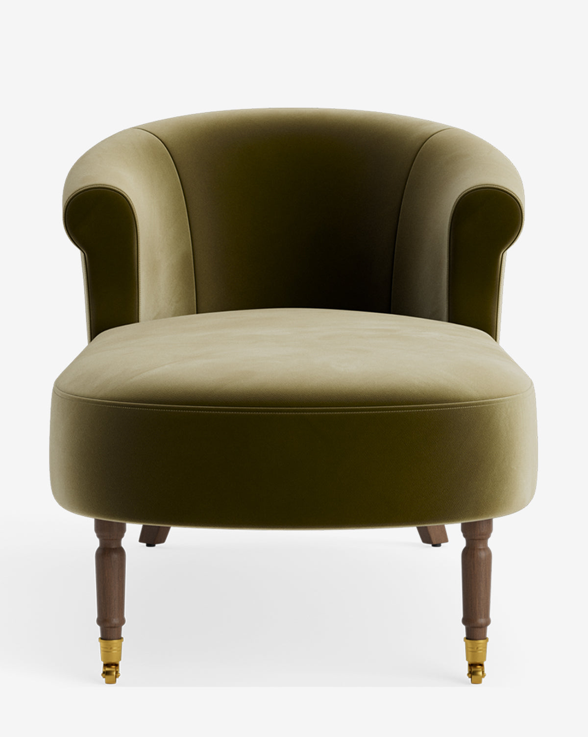 A front view of the Clemence Chaise in olive green velvet, featuring a rounded back, rolled arms, and wooden legs—two with brass caster wheels—ideal for adding timeless style to customizable furniture collections by McGee & Co.