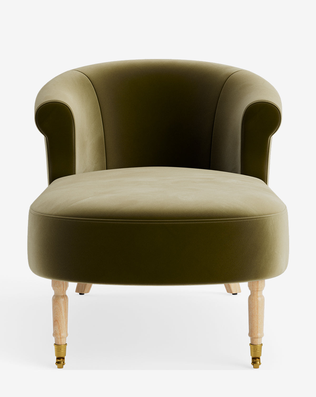 Front view of the Clemence Chaise in olive green velvet with a curved backrest, rounded arms, and light wood legs with brass casters—a stylish, customizable armchair, by McGee & Co.