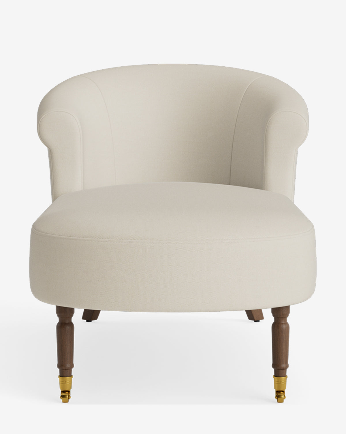 A front view of a modern, cream-colored upholstered armchair with rounded backrest, rolled arms, and wooden legs with brass castors—perfect for pairing with customizable furniture like the Clemence Chaise, by McGee & Co.