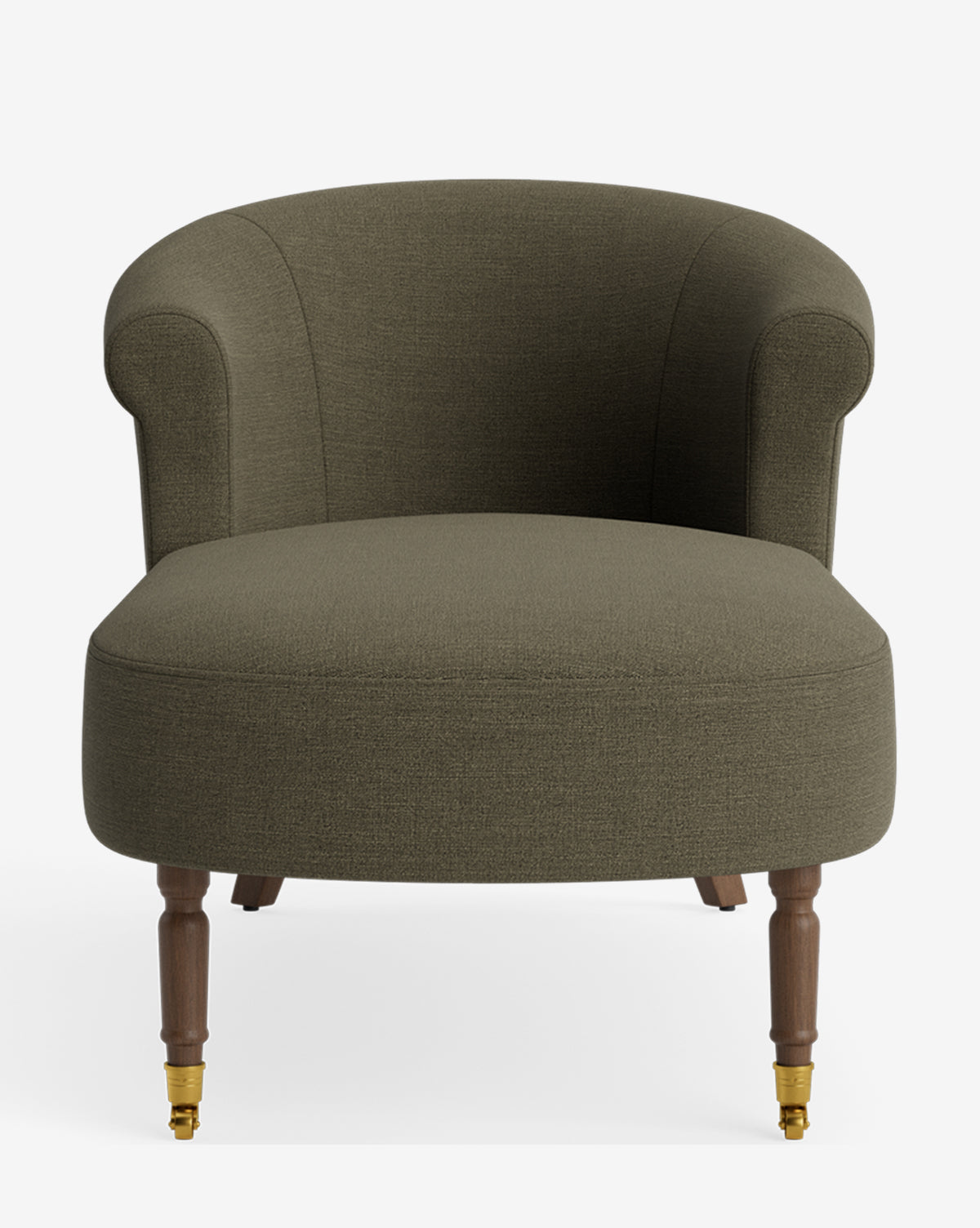 The Clemence Chaise is a wide olive-green upholstered armchair featuring a curved back, rounded arms, and four turned wooden legs—the front two with brass caster wheels—for customizable style, by McGee & Co.