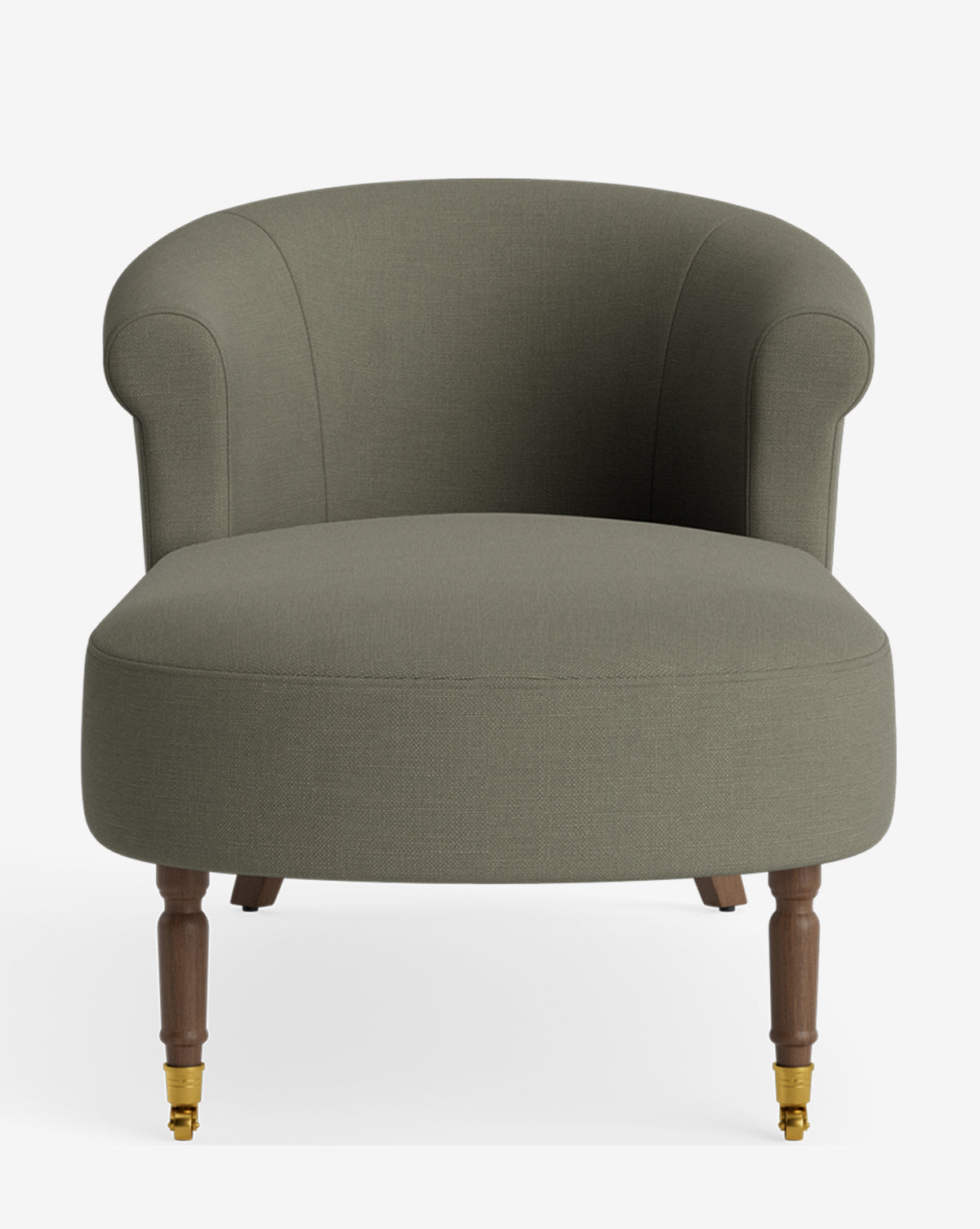 The Clemence Chaise is a modern olive green upholstered accent chair featuring a curved back, rounded arms, and wooden legs with brass castors—ideal for pairing with classic pieces in customizable furniture collections by McGee & Co.