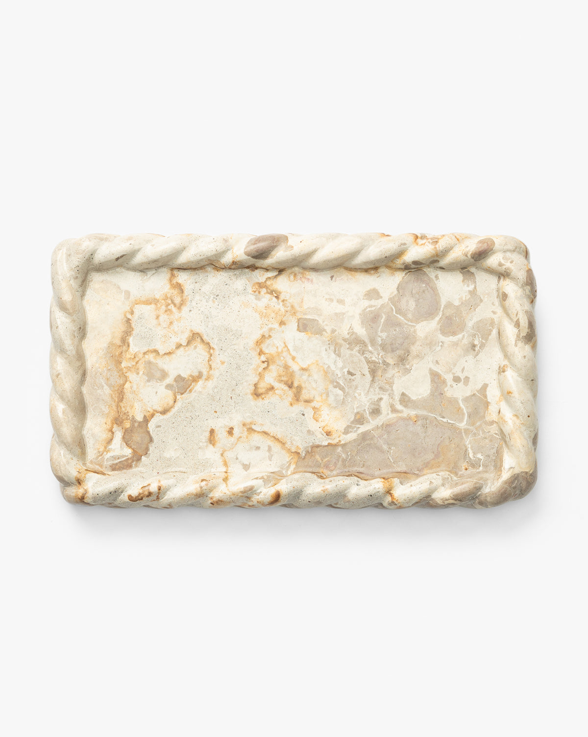 The Cleves Marble Tray features a rectangular shape with a twisted rope border and natural beige and light brown veining, making it ideal as a decorative tray or vanity organizer, shown on a plain white background, by McGee & Co.