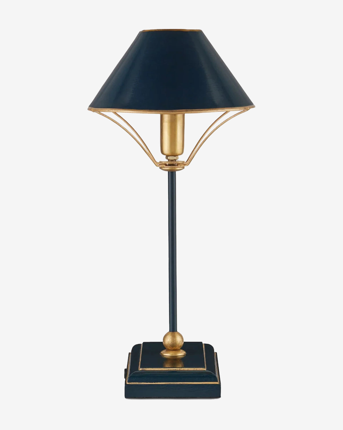 The Daphne Navy Table Lamp features a dark blue and gold base, slim stem, and matching navy lampshade with gold trim. Its modern, refined design makes it an elegant addition to any contemporary space, by McGee & Co.