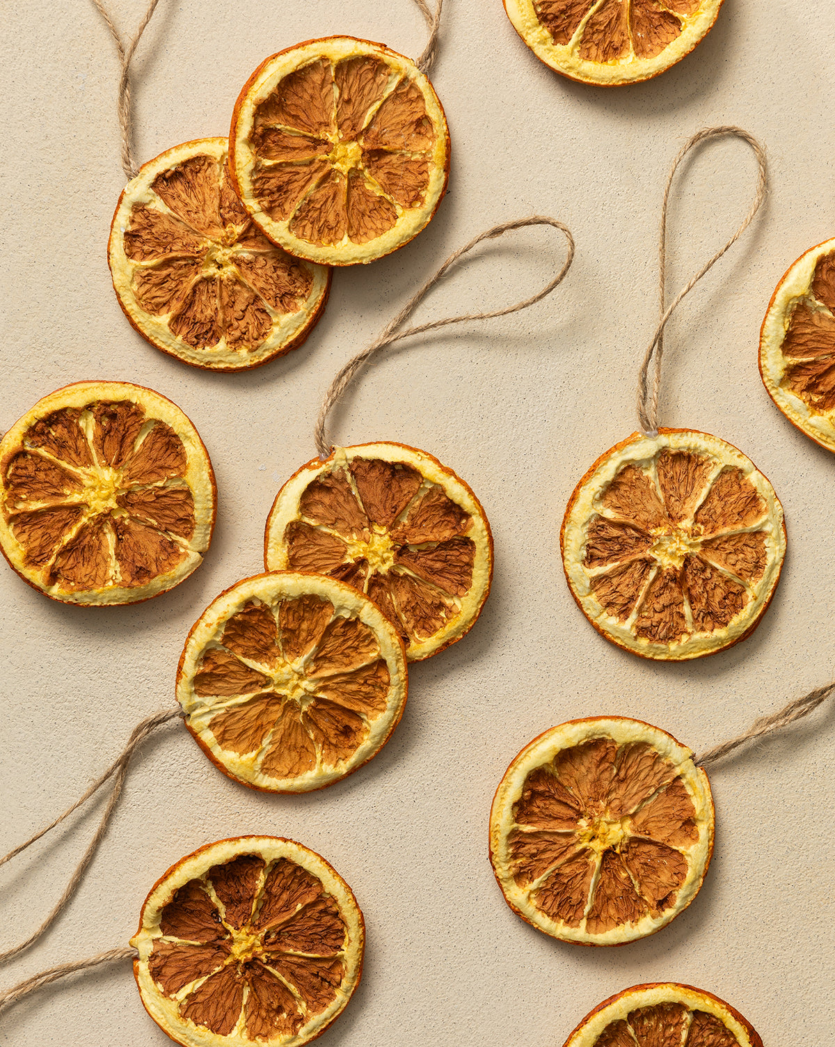 Dried & Boxed Orange Slices (Set of 12) with attached twine loops, displayed on a beige surface—perfect natural fruit decor and rustic holiday tree ornaments, by McGee & Co.