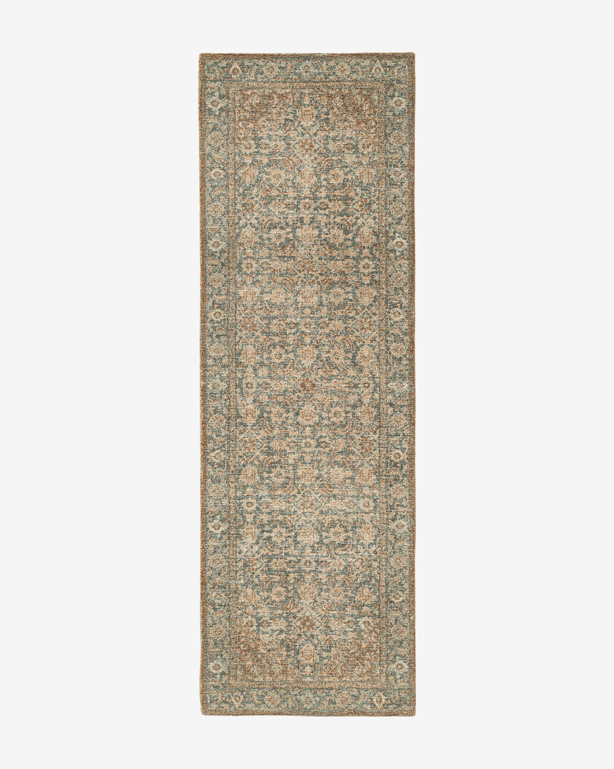 The Endicott Hand-Tufted Wool Rug features an intricate vintage floral pattern in muted beige, blue, and gray with a decorative border, bringing timeless elegance to any space, by McGee & Co.
