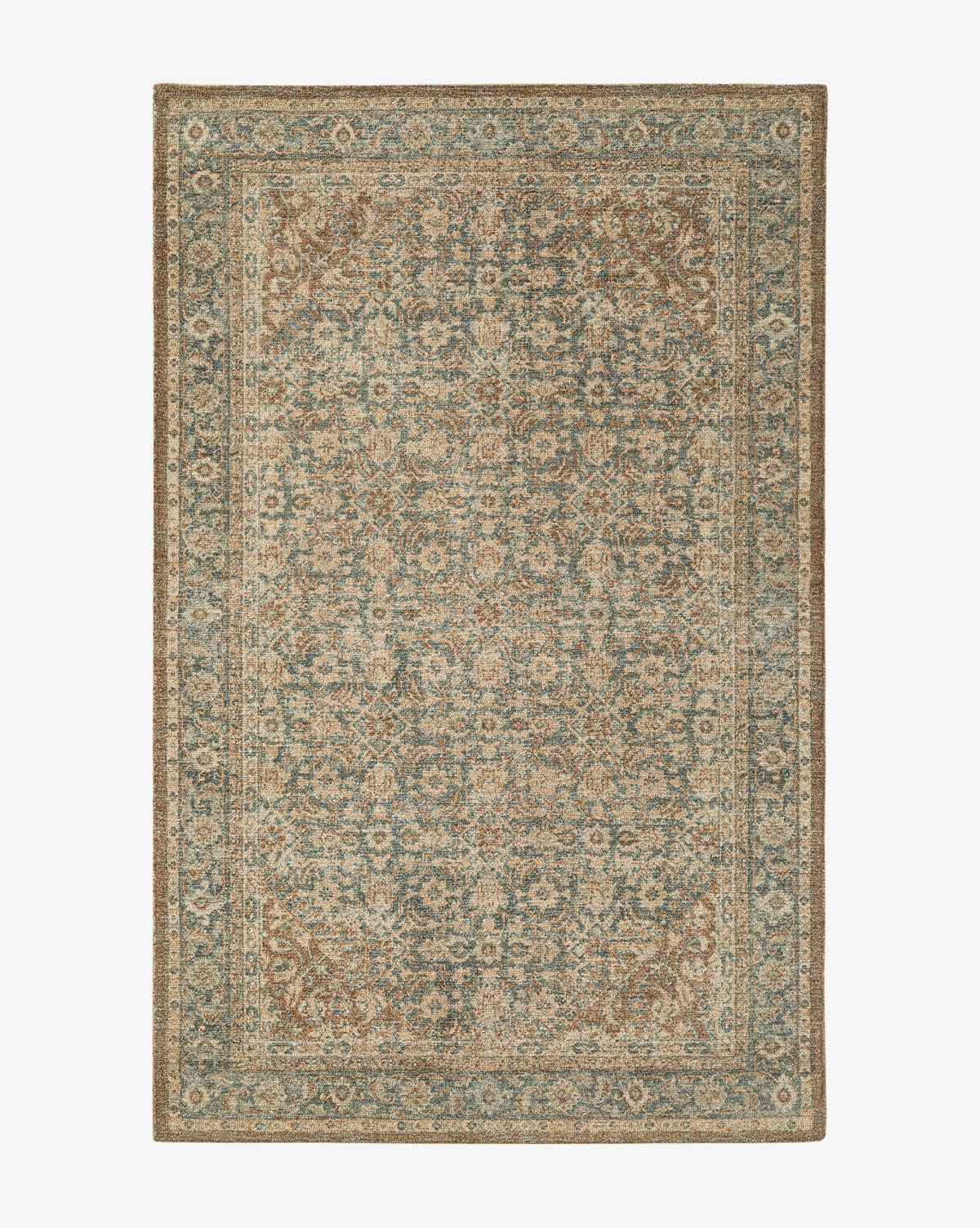 The Endicott Hand-Tufted Wool Rug features a vintage-inspired design with intricate floral and geometric patterns in muted blue, beige, and brown tones, accented by a decorative border, by McGee & Co.
