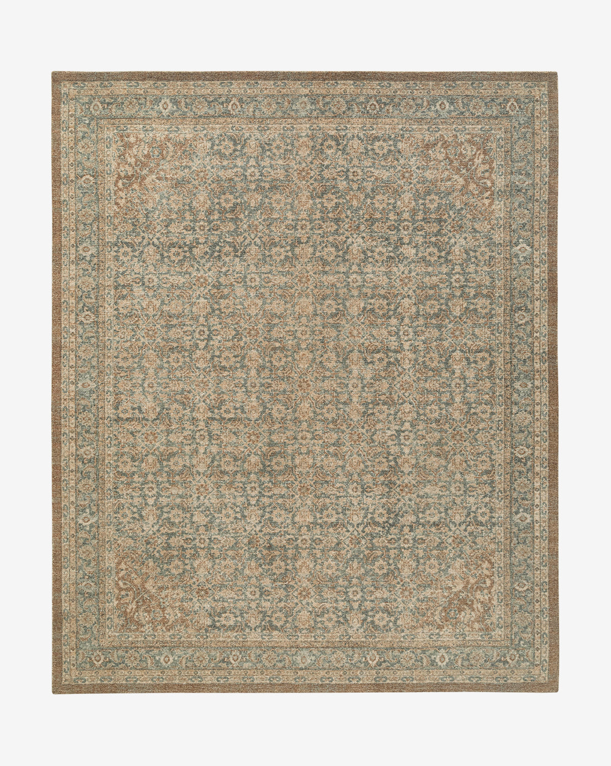 The Endicott Hand-Tufted Wool Rug features an intricate floral and geometric pattern in muted beige, brown, blue, and cream tones with a detailed border, offering timeless elegance in a soft vintage-inspired design, by McGee & Co.