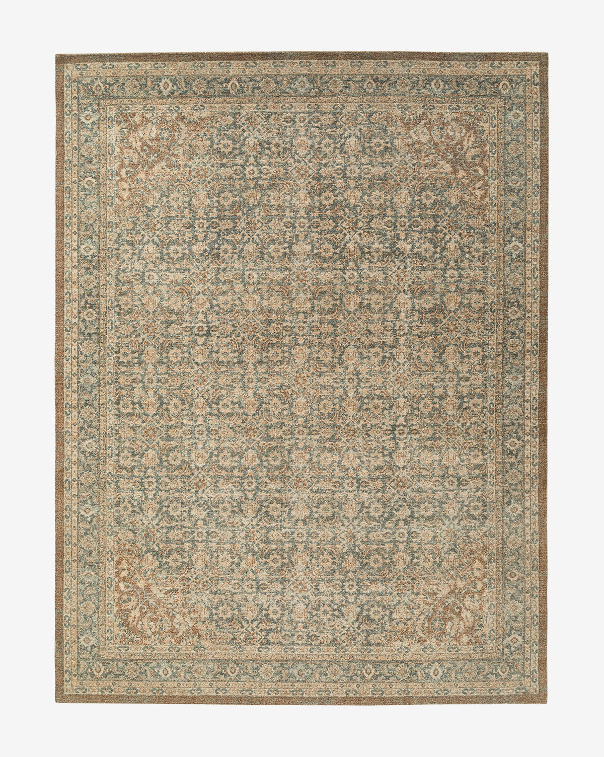 The Endicott Hand-Tufted Wool Rug features an intricate, vintage-inspired traditional floral and geometric pattern in muted beige, brown, and blue-green tones with a detailed decorative border, by McGee & Co.