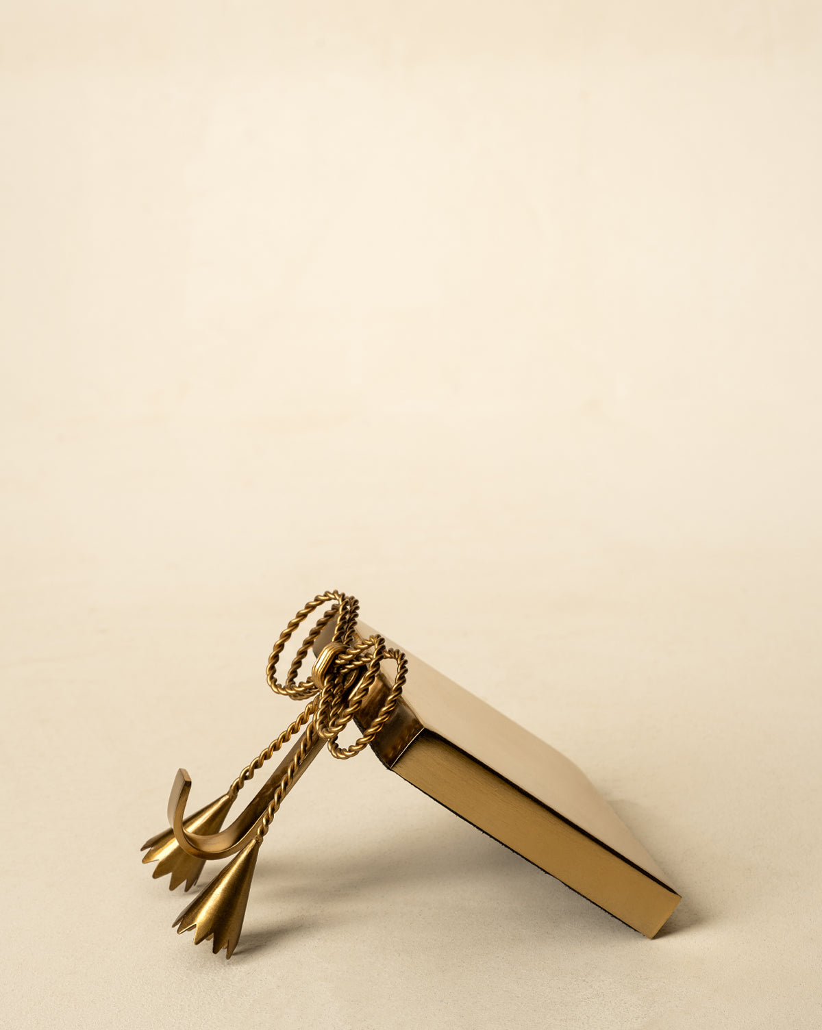 A flat, rectangular gold gift box with a twisted rope and tassels makes a festive accent piece—ideal for the holidays or displayed next to the Erika Stocking Holder in antique brass, by McGee & Co.