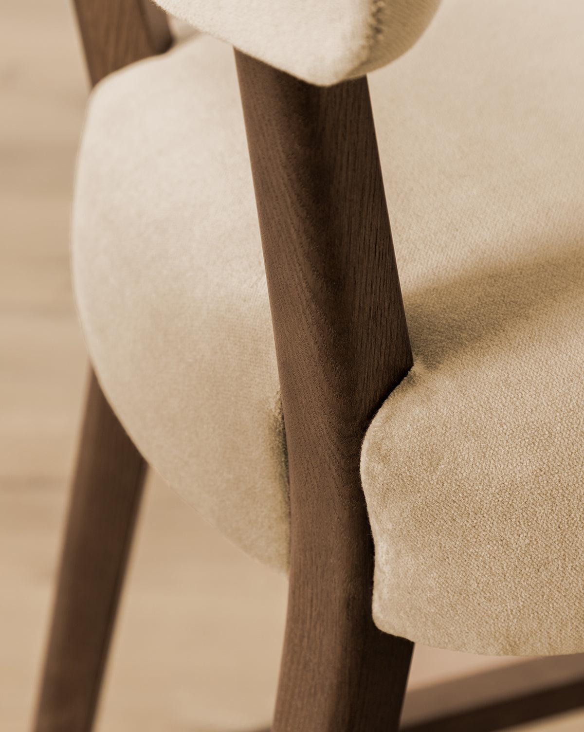 Certainly! Here’s your blended sentence with the exact string McGee & Co. at the end: Close-up of the Etienne Stool (Ready to Ship) by Makerspalm, a vintage-inspired piece with beige upholstery and a dark wooden frame that showcases textured fabric and a smooth wood finish. McGee & Co.