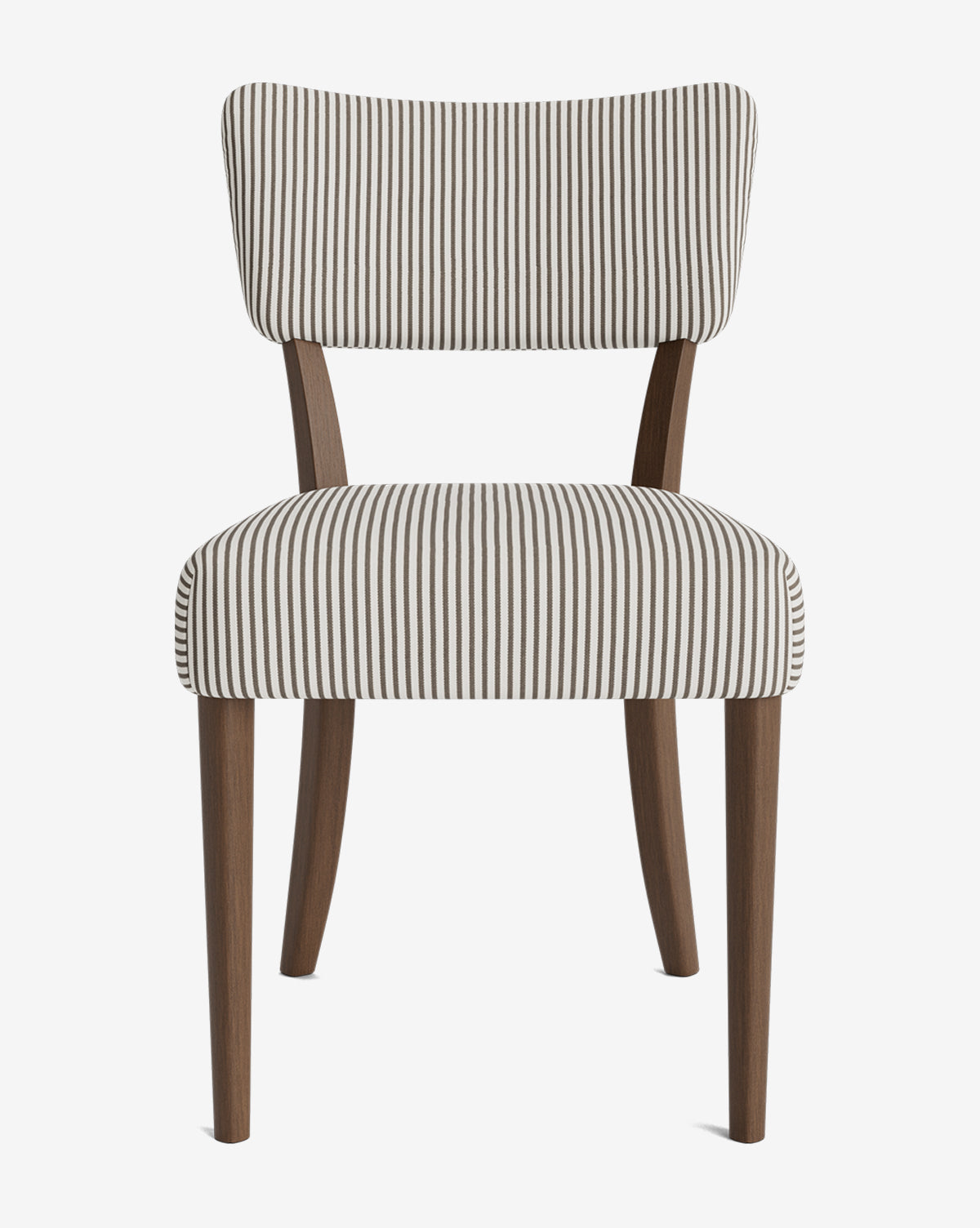 The Etienne Dining Chair is a customizable wooden dining chair with a cushioned seat and backrest in white fabric featuring vertical black stripes, four straight legs, and a minimalist design, by McGee & Co.