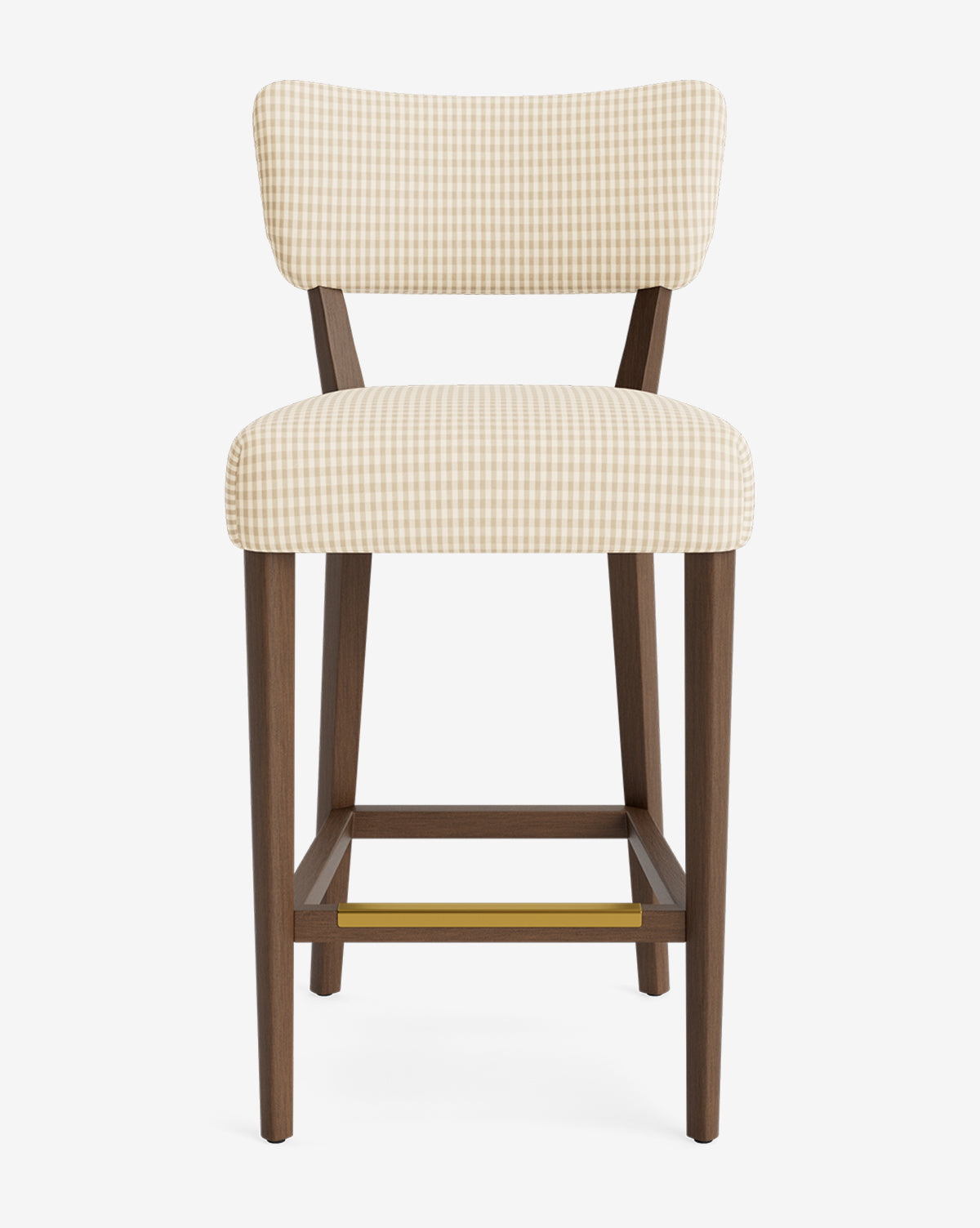 Certainly! Here’s your blended description with the exact string at the end: Front view of the customizable Makerspalm Etienne Stool, featuring light wood legs, a cushioned seat and backrest in vintage-inspired beige and white gingham fabric, and a brass footrest. McGee & Co.