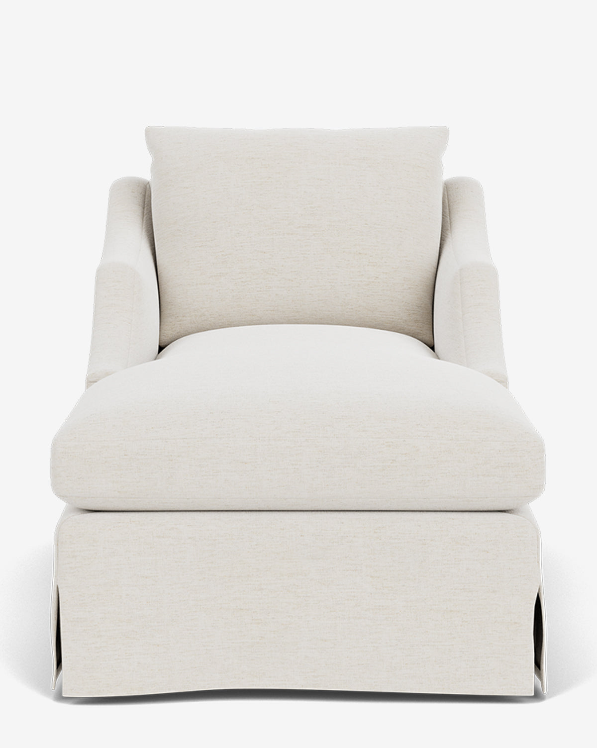 Front view of the Community Everleigh Slipcover Chaise Lounge with off-white upholstery, straight back, wide armrests, and a skirted base, set against a plain white background. McGee & Co.