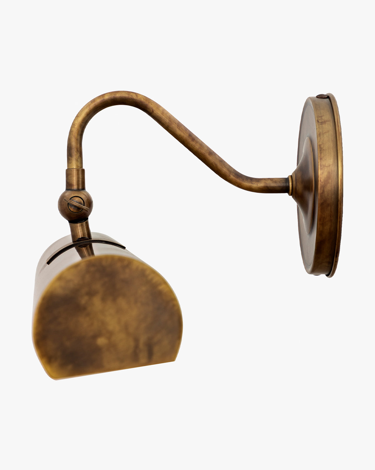 The Gallery Picture Sconce, featuring a curved arm and cylindrical shade in burnished bronze, is mounted on a round base against a plain white background by McGee & Co.