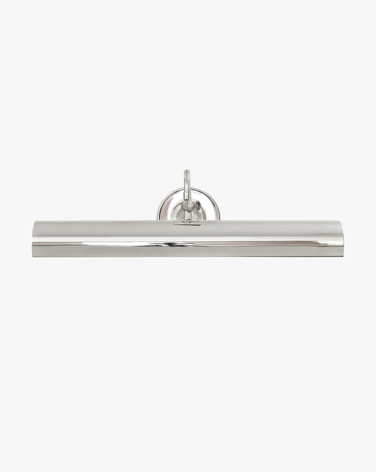 The Gallery Picture Sconce showcases a vintage-inspired design in polished chrome, with a cylindrical shade and round wall plate accented by a decorative curved arm, set against a plain white background by McGee & Co.