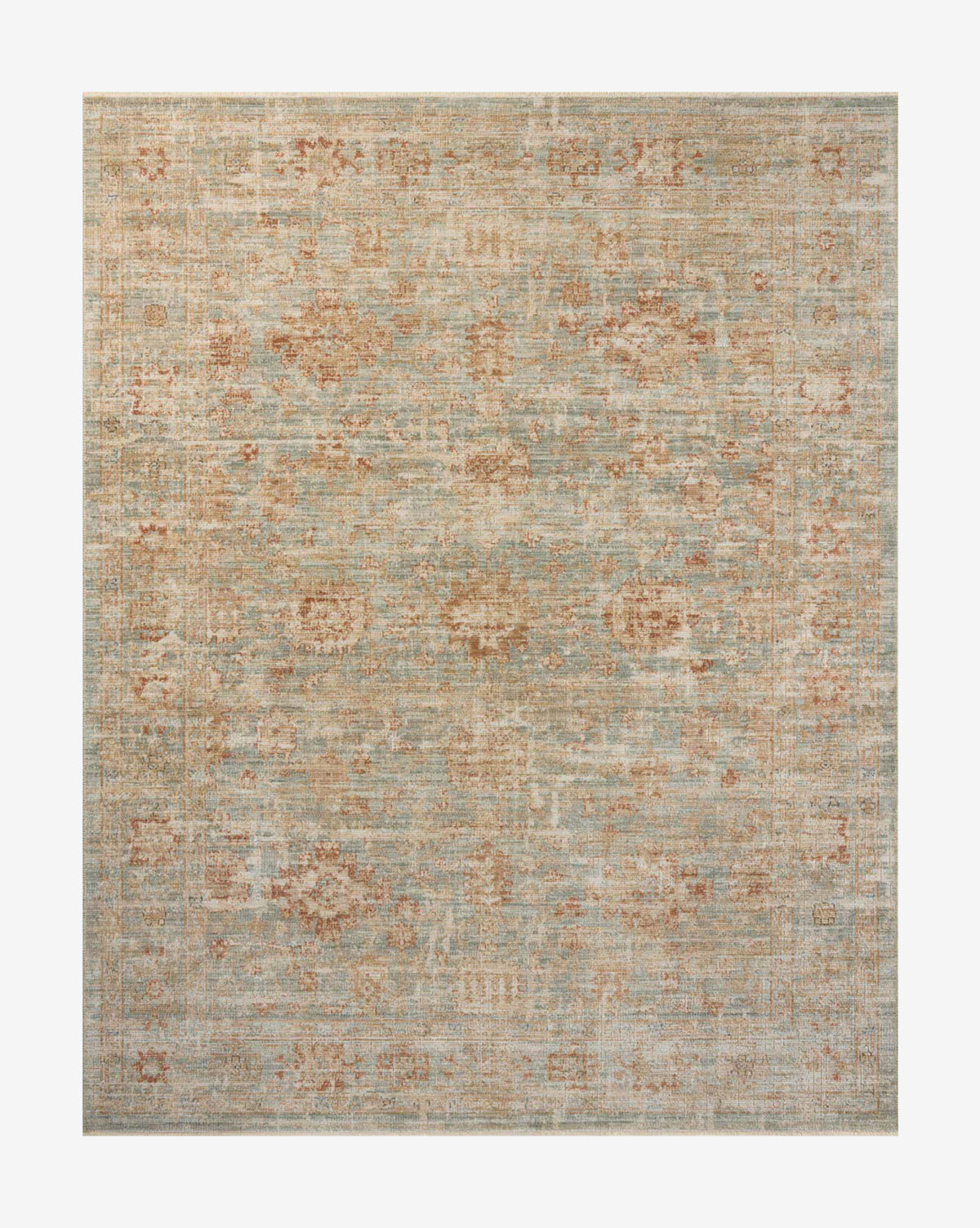 The Galvin Rug features a vintage-style faded pattern in muted blue, beige, and rust tones. Its intricate motifs and distressed look give an antique feel, while high-quality construction ensures durability and lasting beauty by McGee & Co.