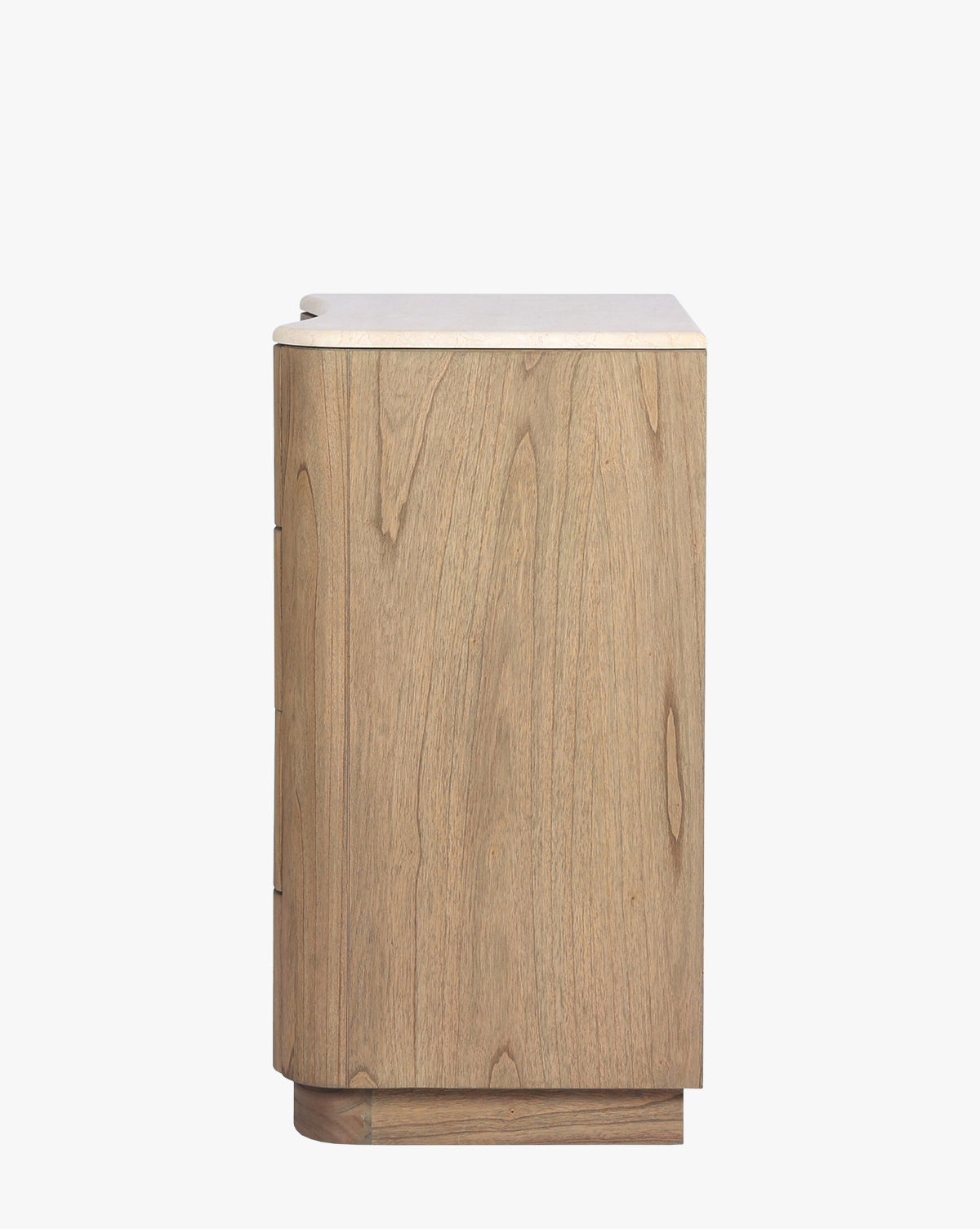 Side view of the Gatlin Chest, featuring solid mindi wood with a light natural grain finish, flat top, and smooth rounded front edges. Spacious drawers rest on a small rectangular base, set against a plain white background, by McGee & Co.