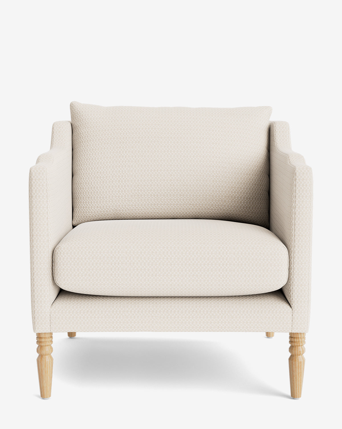 The Gemma Lounge Chair is a beige, front-facing armchair featuring high-quality textured fabric upholstery, a cushioned backrest, and traditional turned legs, displayed on a plain white background by McGee & Co.