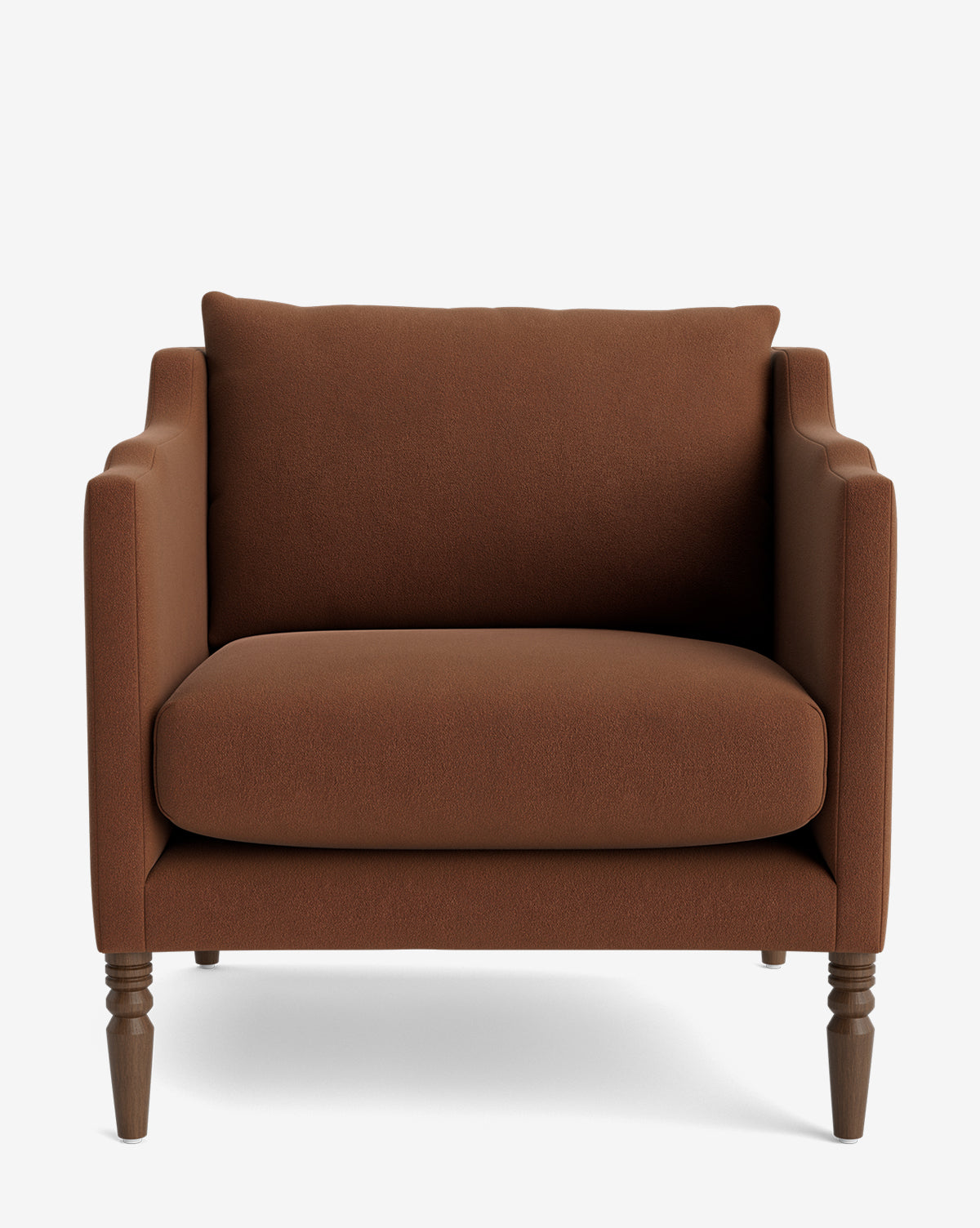 The Gemma Lounge Chair is a brown upholstered armchair with cushioned seat and backrest, straight arms, and four wooden legs, crafted from high-quality fabric and photographed against a plain white background by McGee & Co.