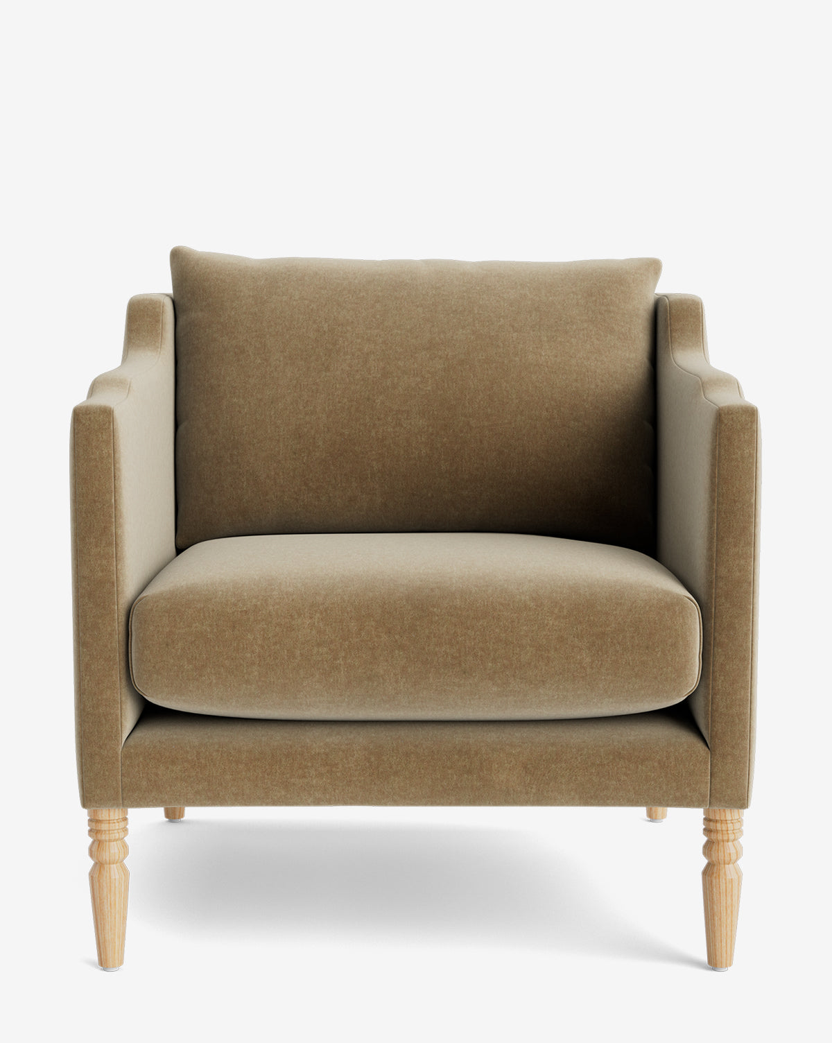 The Gemma Lounge Chair is a beige armchair with straight, clean lines, light wooden legs, and high-quality fabric upholstery, shown from the front against a white background by McGee & Co.