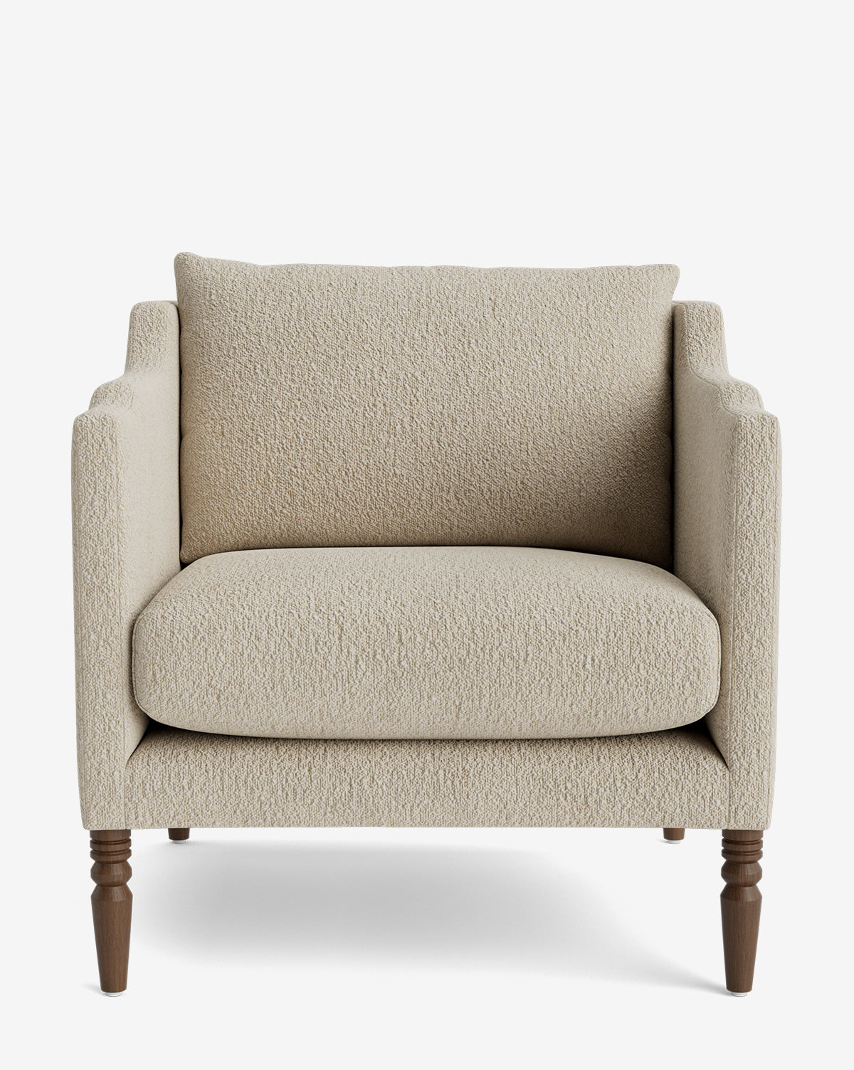 Front view of the Gemma Lounge Chair featuring textured beige high-quality fabric, plush seat and back cushions, and four classic turned legs, set against a plain white background, by McGee & Co.