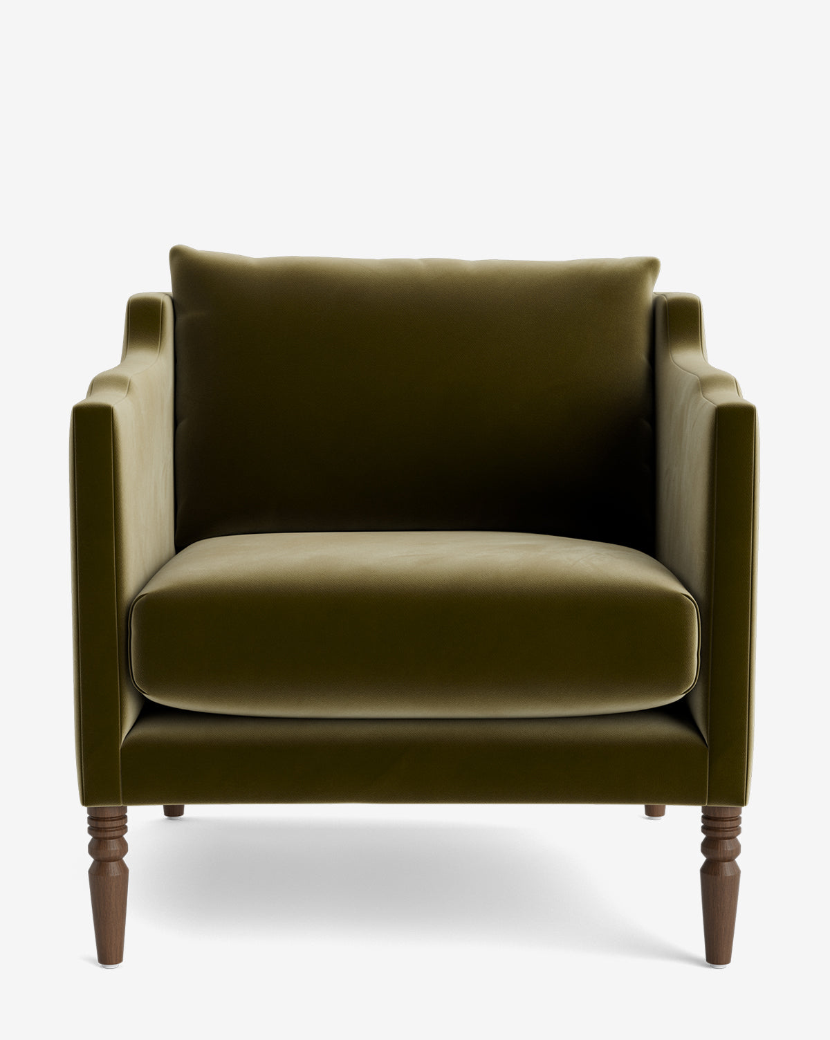 The Gemma Lounge Chair is an olive green velvet armchair with square arms, plush seat and back cushion, and traditional turned legs, crafted from high-quality fabric and shown from the front on a white background by McGee & Co.