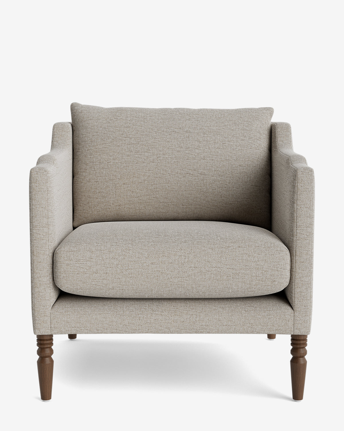 The Gemma Lounge Chair showcases a boxy beige upholstered design with plush seat and back cushions, high-quality fabric, and four classic turned legs, all set against a plain white background by McGee & Co.