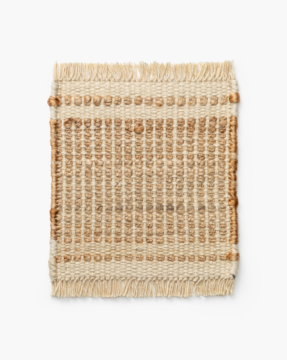 The Girona Cream Handwoven Jute Rug Swatch showcases a rectangular shape in natural beige and tan tones, with a textured grid pattern and fringed ends, set against a white background by McGee & Co.