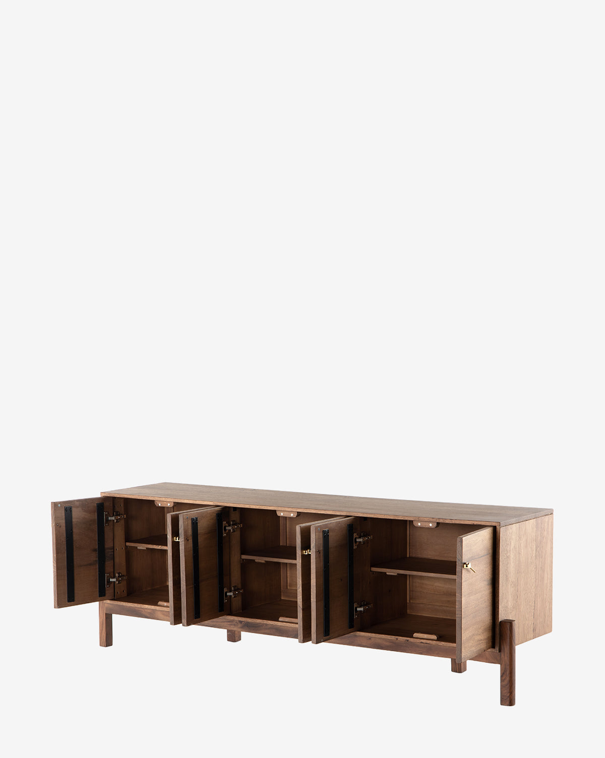 The Gustav Console is a minimalist, mid-century wooden piece with four cabinet doors that open to reveal shelves, ample storage, and smart media cord management, all set on short legs, by McGee & Co.