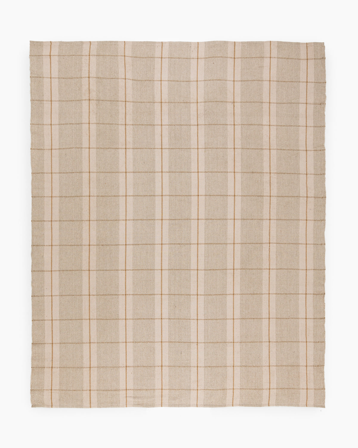 The Hanlon Handwoven Indoor/Outdoor Rug features a square beige design with a simple plaid pattern of light and medium tan stripes, evoking a classic, timeless look by McGee & Co.