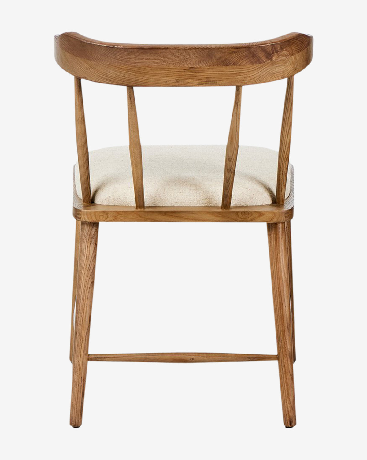The Harper Dining Chair, crafted from solid ash, has a curved backrest, three vertical back slats, and a light beige upholstered seat, by McGee & Co.