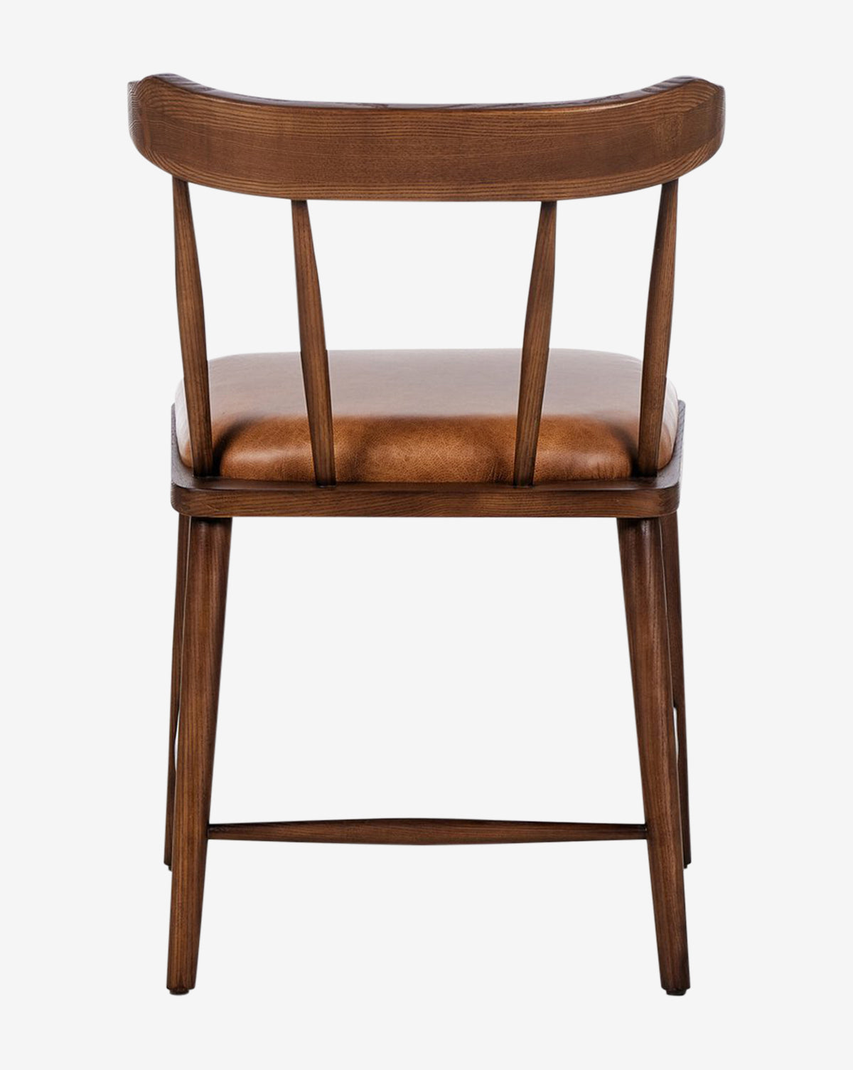 The Harper Dining Chair has a solid ash frame, curved backrest, three vertical slats, and a brown upholstered seat, shown from the back on a white background by McGee & Co.