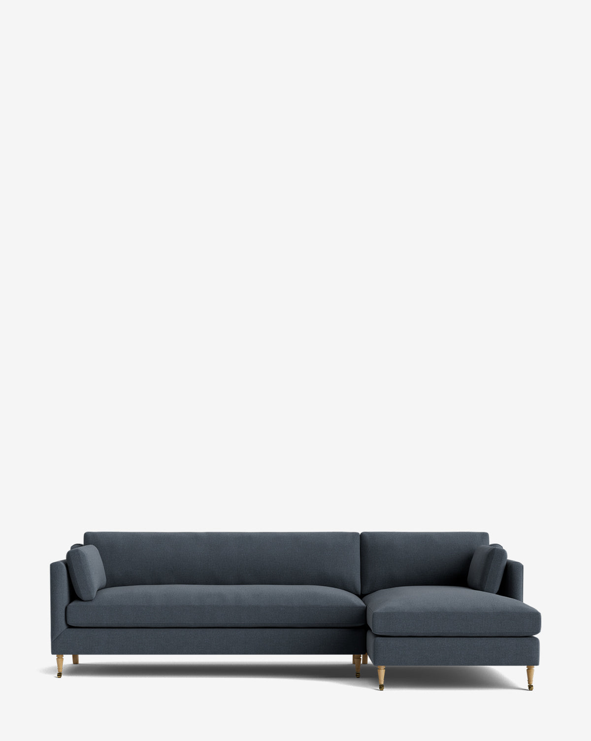 The Rowe Fine Furniture Haverford Upholstered Right Chaise Sectional features modern dark blue fabric, slim gold legs, and a right-facing chaise lounge, shown here against a plain white background. McGee & Co.