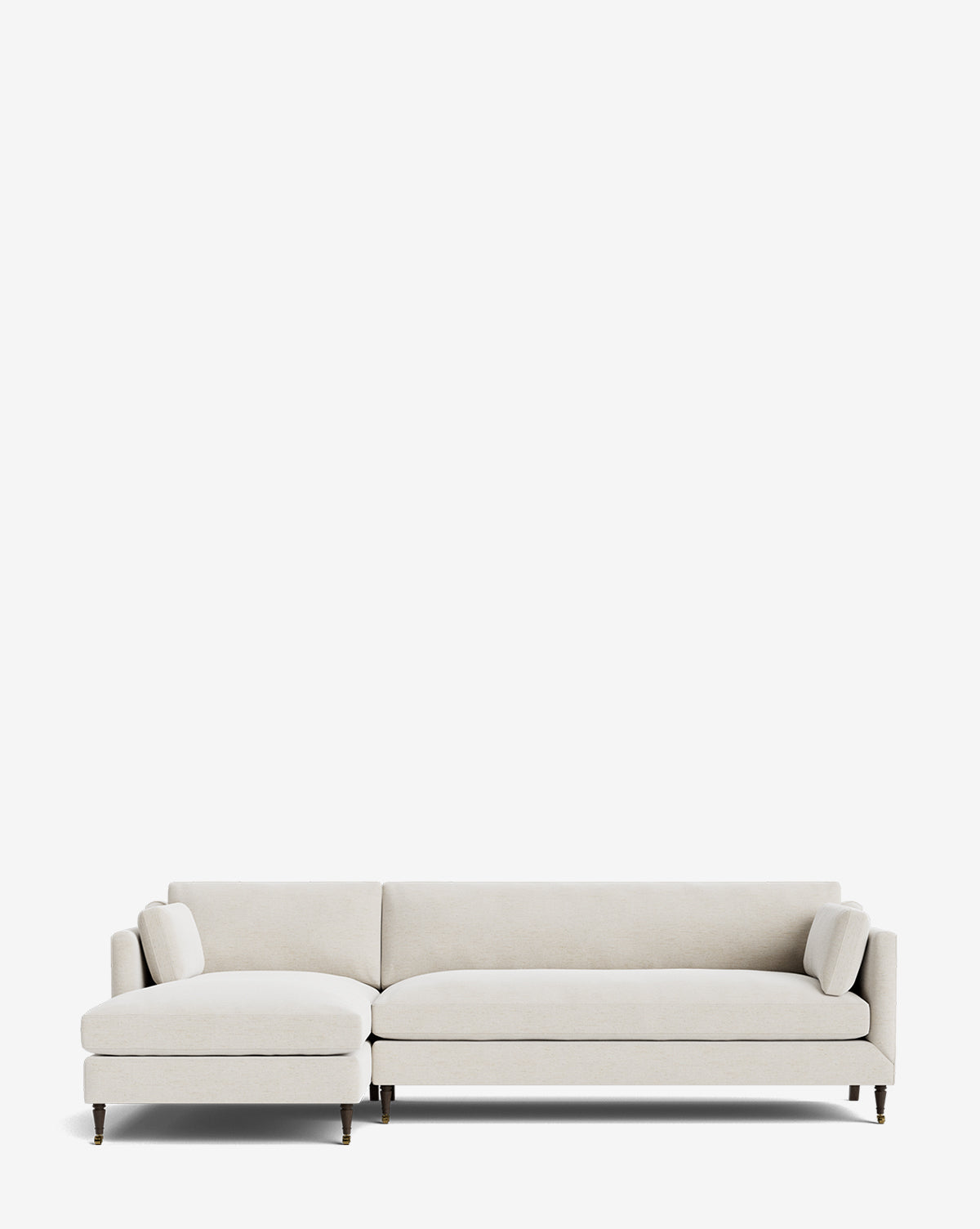 The Rowe Fine Furniture Haverford Upholstered Left Chaise Sectional features a modern light beige design with slim dark wooden legs, shown here against a plain white background, from McGee & Co.