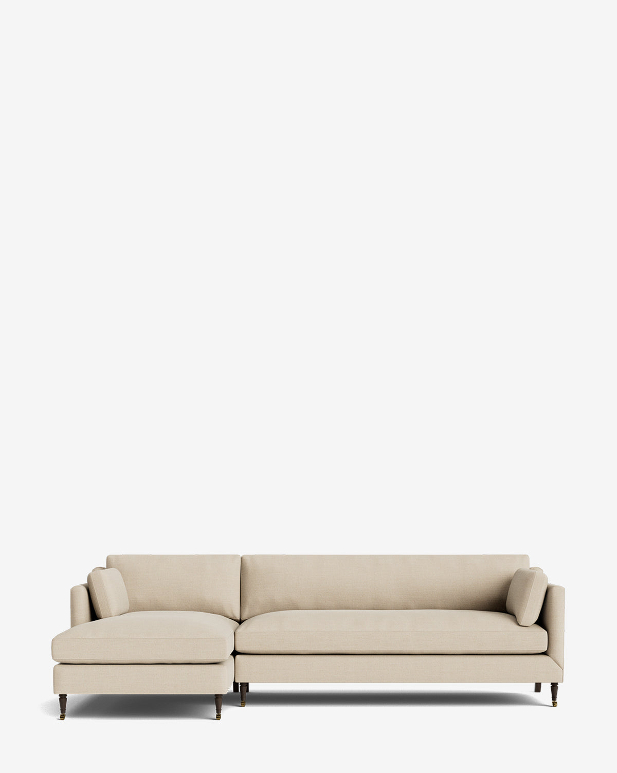The Haverford Upholstered Left Chaise Sectional by Rowe Fine Furniture features a modern design with slim dark legs, set against a white background for a stylish, customizable sofa option by McGee & Co.