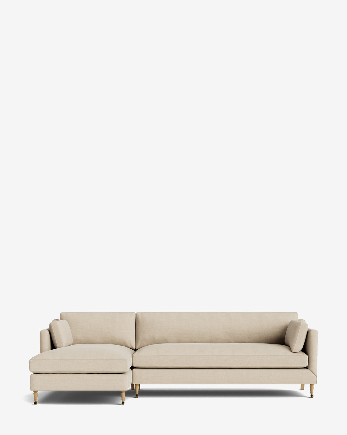 The Haverford Upholstered Left Chaise Sectional by Rowe Fine Furniture features slim cushions and light wooden legs, offering customizable comfort in a modern design, shown against a plain white background. McGee & Co.