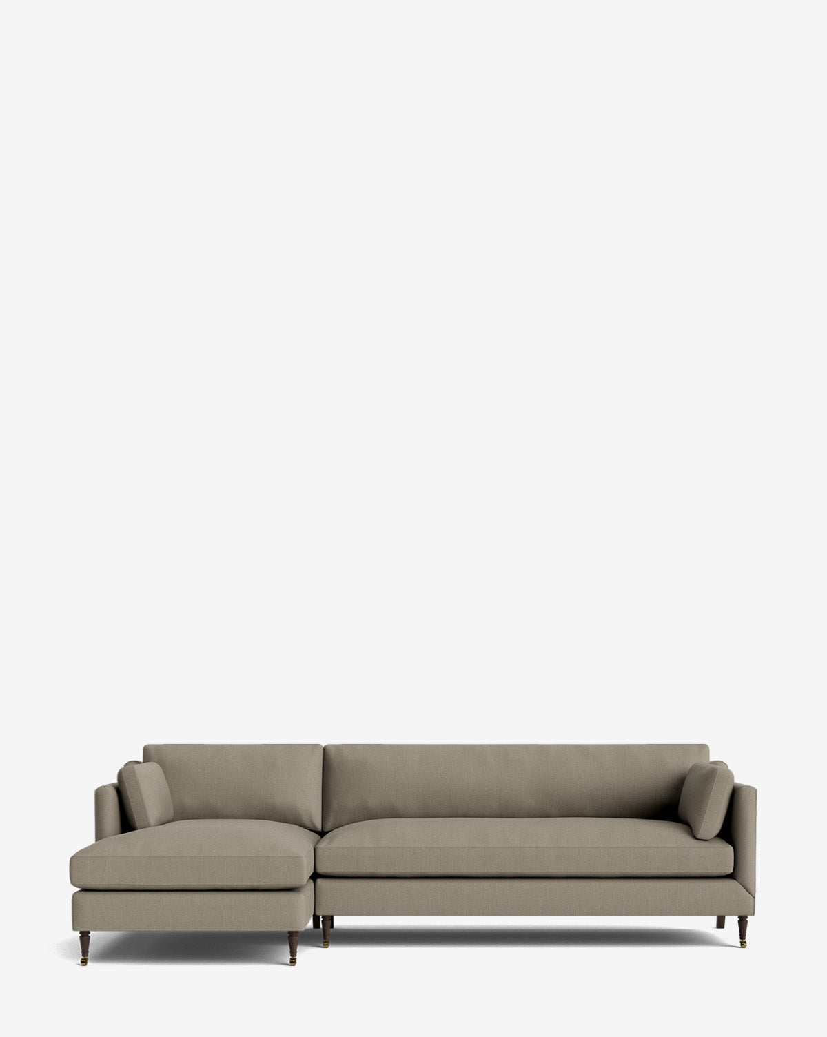 The Haverford Upholstered Left Chaise Sectional features a light grey fabric, left-side chaise, and wooden legs. Made to order, this contemporary sofa brings style and comfort to your living space. Photographed on a plain white background, by McGee & Co.