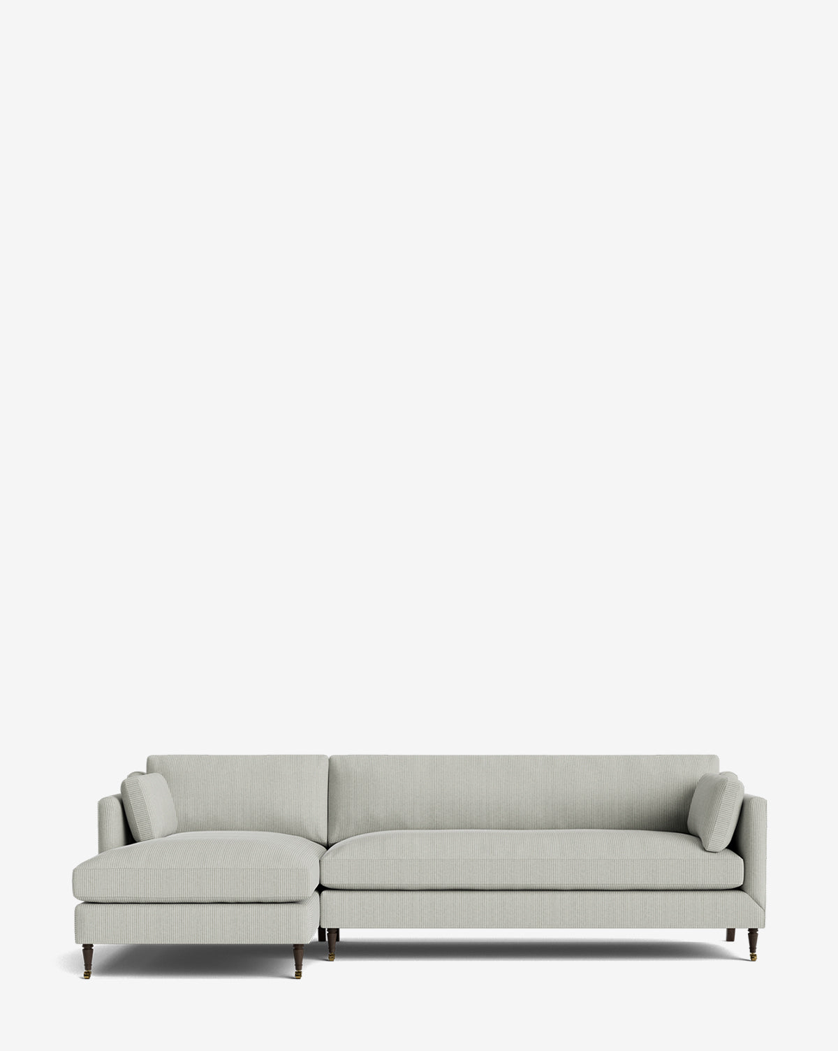The Haverford Upholstered Left Chaise Sectional 113 features light gray fabric, a left-facing chaise, clean lines, and slim dark legs, shown against a plain white background by McGee & Co.