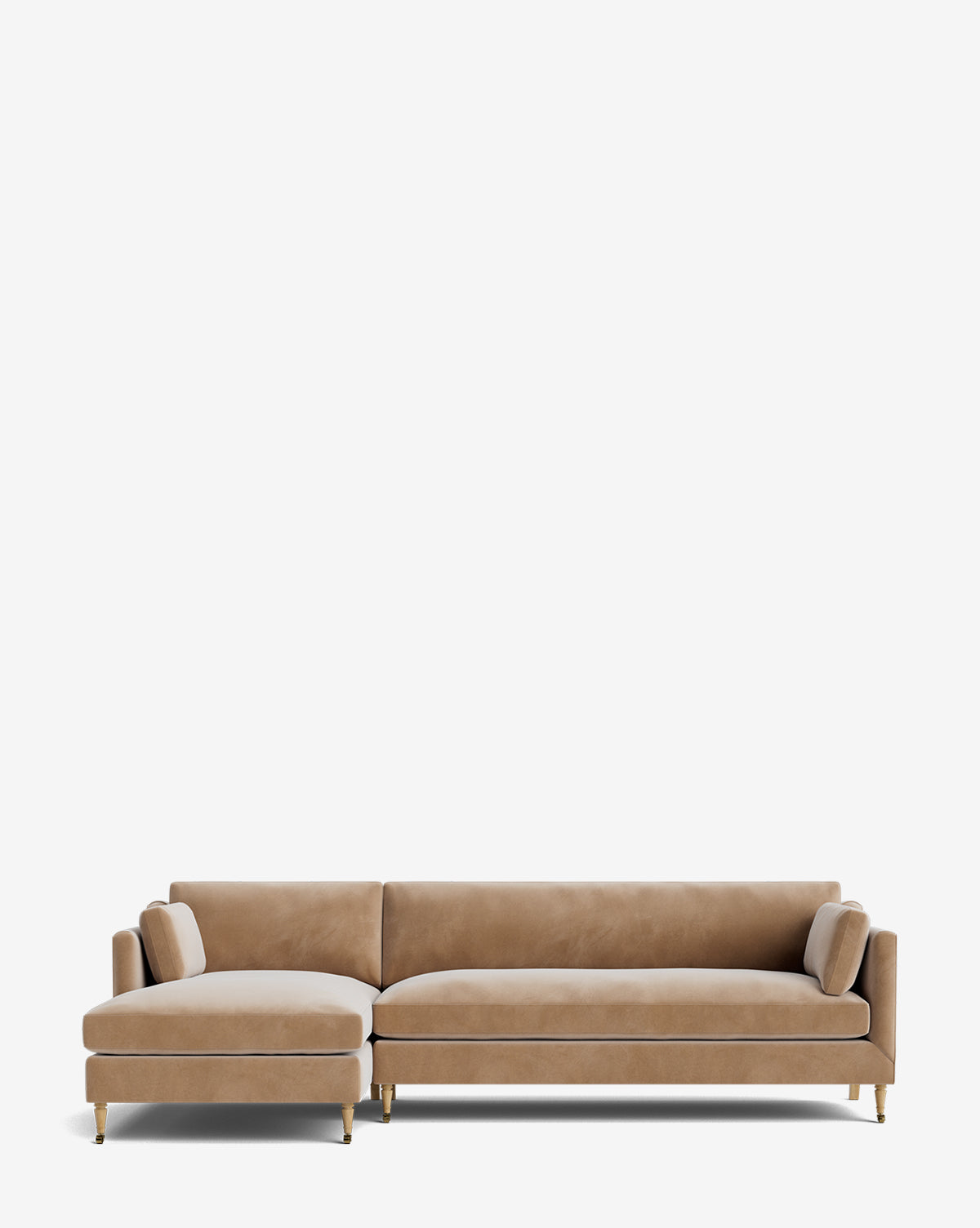 The Haverford Upholstered Left Chaise Sectional features a modern beige design, low backrest, slim armrests, and gold metal legs, shown against a plain white background, by McGee & Co.