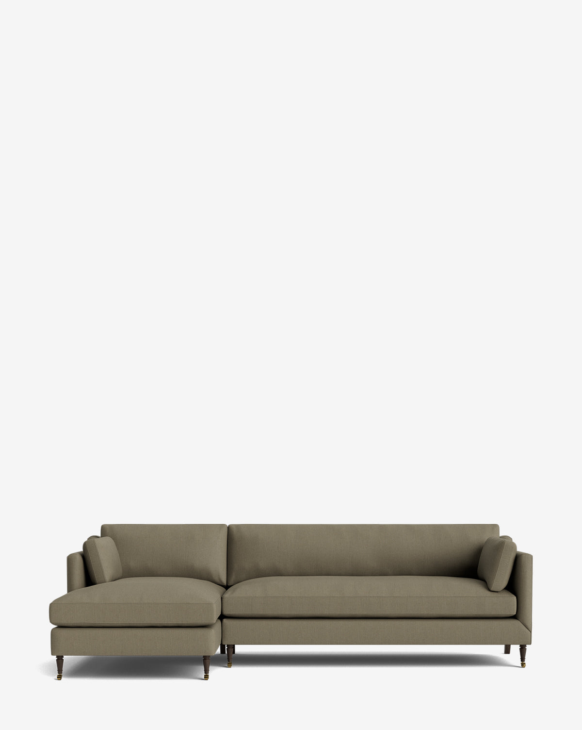 The Haverford Upholstered Left Chaise Sectional 113 is a modern olive green sofa with slim arms, wooden legs, and two matching cushions, shown against a plain white background by McGee & Co.